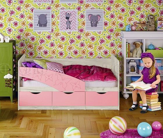 Кровать "Бабочки" 1,6*0,8 м (МДФ глянцевый) - Цвет: Дуб Крафт Белый/Розовый металлик