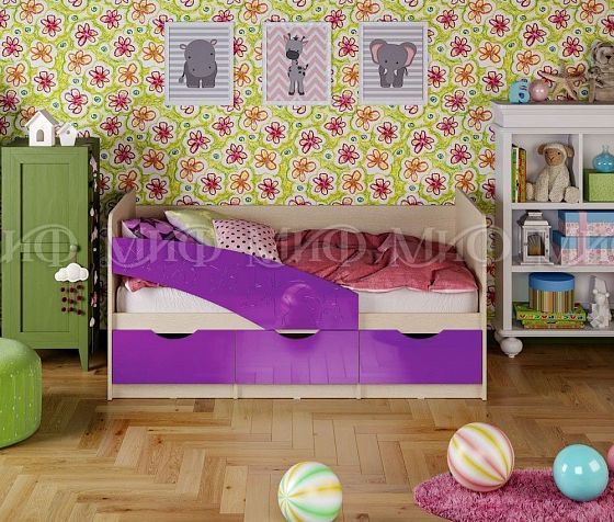 Кровать "Бабочки" 1,6*0,8 м (МДФ глянцевый) - Цвет фасадов: Фиолетовый металлик