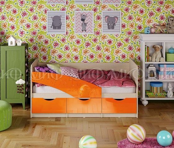 Кровать "Бабочки" 1,6*0,8 м (МДФ глянцевый) - Цвет фасадов: Оранжевый металлик